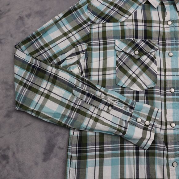 Old Navy Shirt Mens M Blue Green Plaid Pearl Snap Western Fit Button Up Dress - Picture 9 of 16